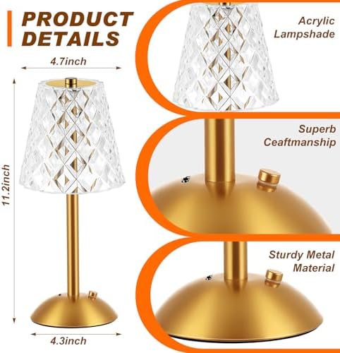 Liliful 2 Pcs Cordless Table Lamp LED Touch, Gold, Diamond Style - Image 2