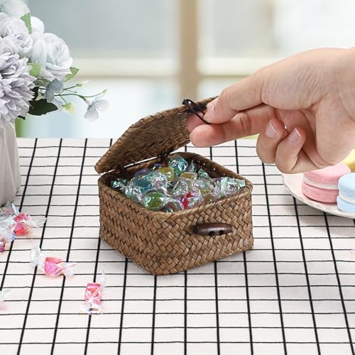 Hipiwe Mini Seagrass Basket Box Wicker Shelf Baskets with Lid, 3.5"x3.5"x2" - Image 4
