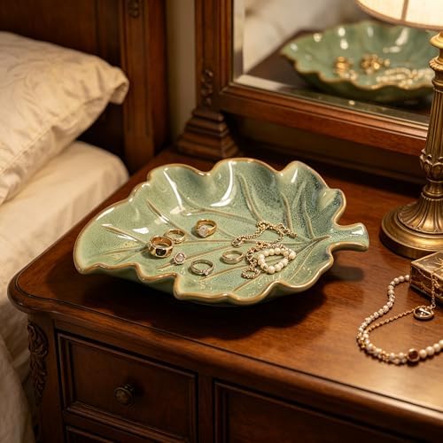 Ceramic Leaf Shaped Dish 7.1" x 5.3" Small Decorative Tray for Jewelry, Soap, Keys, Snacks, Green Glazed Leaf Bowl for Bathroom Vanity, Kitchen Counter, Boho Farmhouse Home Decor by Unknown