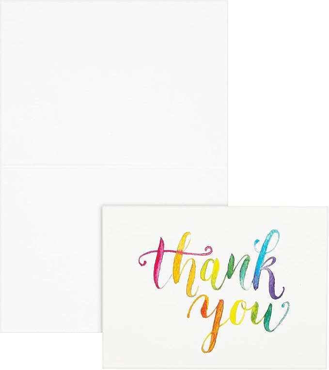 Sustainable Greetings 120 Pack Thank You Cards with Envelopes - 5 x 4-Inch Multicolor Watercolor Rainbow Font - Blank Inside - Bulk Thank You Notes Set for Weddings & Baby Showers