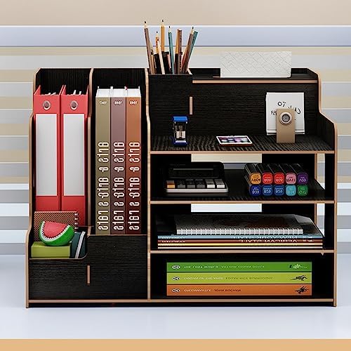 Bamboo Desk Organizer, Desktop Wood Bookshelf File Organizer, Pen Holder and Tissue Holder, 1 Drawer with lock for Office, Home, Need to Install (Light black) - Image 5