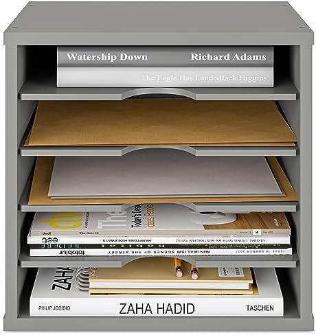 Ballucci 5-Tier File Organizer for Desk, Wooden Mail Sorter, Office Desk Organization, Paper Storage Organizers, Folder Holder for Desk, Letter Trays & Stacking Supports, Gray (Pack of 2) - Image 2