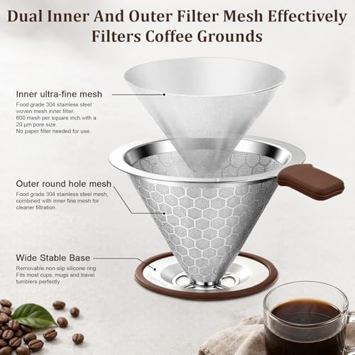Pour Over Coffee Dripper, Stainless Steel Coffee Filter 600 Mesh Ultra-Fine,Paperless Reusable Coffee Filter,1-2 Cup Portable Single Serve Coffee Maker for Home Office Travel - Image 3