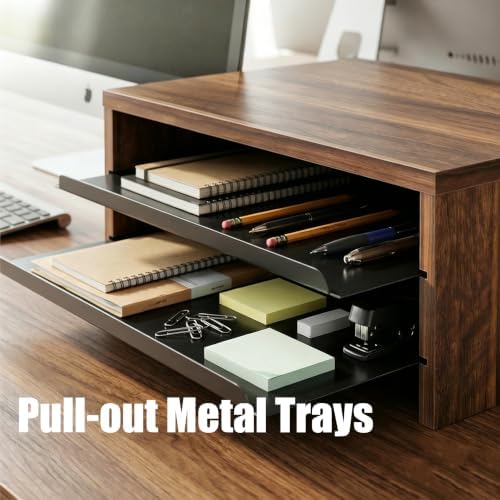 Fenge 14.3-Inch Monitor Stand with Slide-Out Trays, Wood & Metal Desk Shelf - Image 4