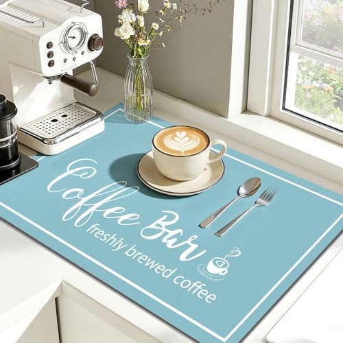 Findosom Dish Drying Mat, 16"x 24" Super Absorbent & Hide Stain Coffee Mat, Cuttable Drying Mat for Kitchen Counter, Coffee Bar Accessories, Under Dish Rack, Coffee Maker, Espresso Machine, Blue - Image 4