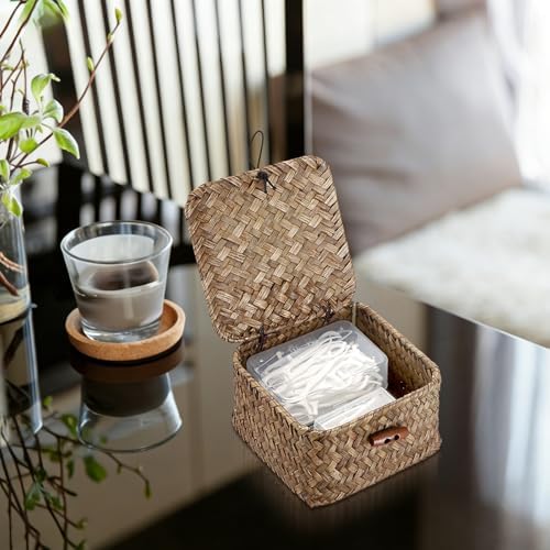 Hipiwe Handwoven Seagrass Basket Bin Small Decorative Shelf Basket Boxes with Lid Wicker Storage Baskets Bins Multipurpose Table Organizer for Key Home Decor, 4.7"L x 4.7"W x 3"H - Image 2