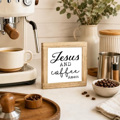 Coffee Bar Decor Wooden Sign, Jesus And Coffee Amen Tabletop Plaque, Farmhouse Kitchen Counter Shelf Decor, Rustic Coffee Station Wood Sign For Home, Christian Coffee Lover Gift, 5.9 x 5.9 in - Image 4