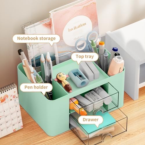 Marbrasse Pen Organizer with 2 Drawer, Multi-Functional Pencil Holder for Desk, Desk Organizers and Accessories with 5 Compartments + Drawer for Office Art Supplies (Green) - Image 3