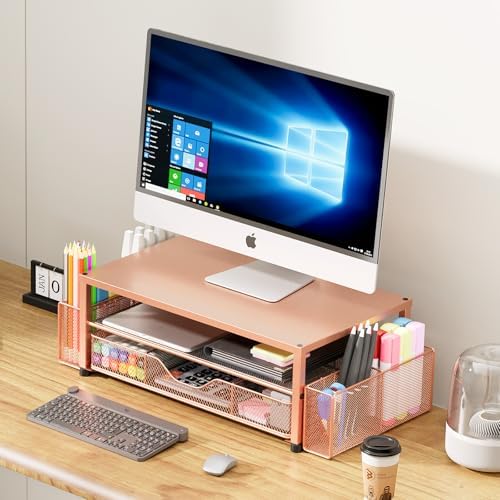 OPNICE Desk Organizer and Accessories, 2-Tier Computer Monitor Stand Riser with Drawer and 2 Pen Holders, Laptop Stand, Office Desk Accessories for Office Supplies, Rose - Image 5