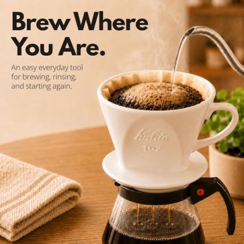 Kalita 102 Coffee Dripper Set, Pour Over Coffee Dripper, White Ceramic Dripper, FP102 Coffee Filters 100 Count, 2 to 4 Cups, Trapezoid Design, 3 Hole Flow, with Fuji Dish, Everyday Brewing Set - Image 7