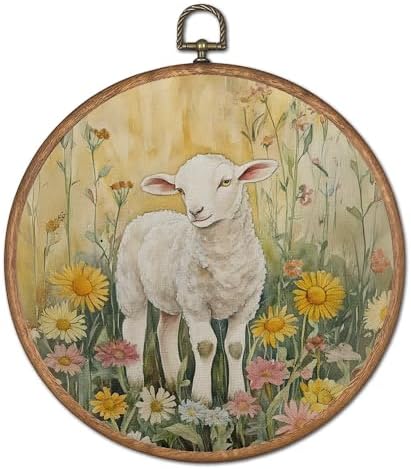 OFJE Spring Floral Lamb Wall Art Decor, Farmhouse Baby Sheep Nursery Round Wall Hanging Decor, Rustic Wildflower Animal Framed Canvas Prints for Nursery Kids Room Home Bedroom Decorations, 10x10 Inch by Unknown