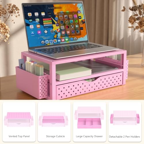 WALI Desk Organizer with Drawer and Pen Holder, 3 Tier Computer Monitor Stand for Home Office Supplies, Laptop Stand Riser for Computer, Laptop, Printer(PTT004-P), 1 Pack, Pink - Image 7