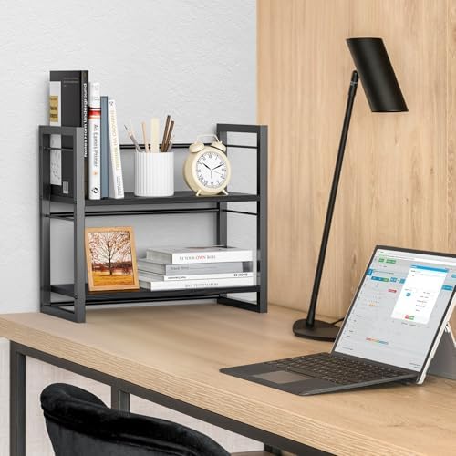Office Desk Shelf Organizer, Wood Desktop Bookshelf Supplies Storage Rack, Shelf for Top of Desk and Dresser (Pure Black-2 Tier) - Image 5