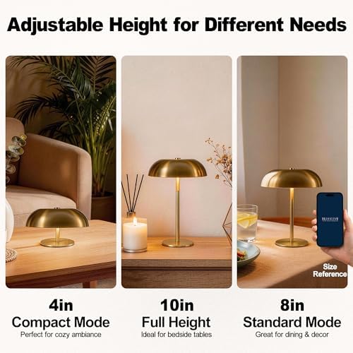 Portable LED Mushroom Table Lamp, Cordless Gold Table Lamp with 3 Color Stepless Dimming, Touch Control, Adjustable Height, Touch Lamp for Nightstand, Bedroom, Coffee Table, Bar, Restaurant (Golden) - Image 6