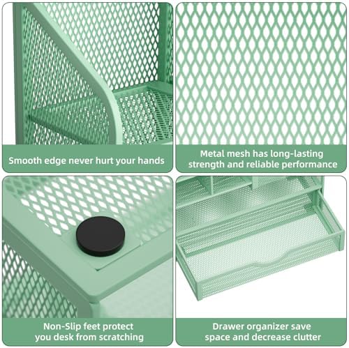 Marbrasse Mesh Pen Holder for Desk, Multi-Functional Pencil Organizer with Drawer, Desk Organizers and Accessories for Office Art Supplies (Green) - Image 6