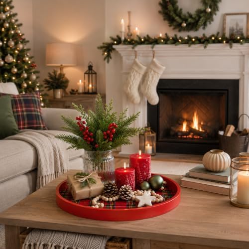 Novabright 11.8" Round Red Christmas Tartan Plaid Wooden Serving Tray - Image 2