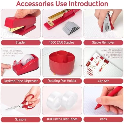 SKYDUE Red Office Supplies Set, Pencil Holder for Desk, Stapler, Tape Dispenser, Scissors,Clips and 1000pcs Staples, Office Decor for Women, Red Desk Accessories - Image 5