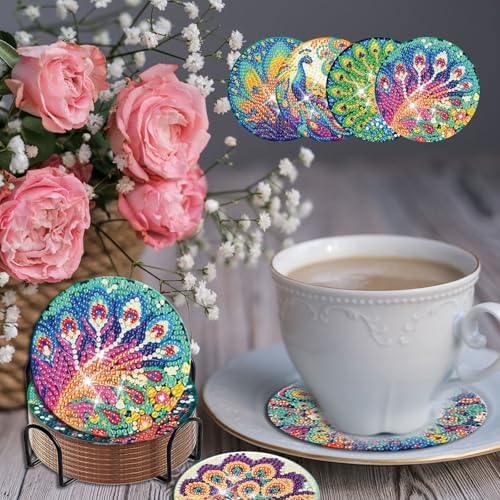 Demonwer 8 Pcs Diamond Art Painting Coasters Kits Cute Peacocks Diamond Art Coasters with Holder DIY Diamond Animal Coaster for Beginner Adults Home Table Craft Gift Supplies - Image 4