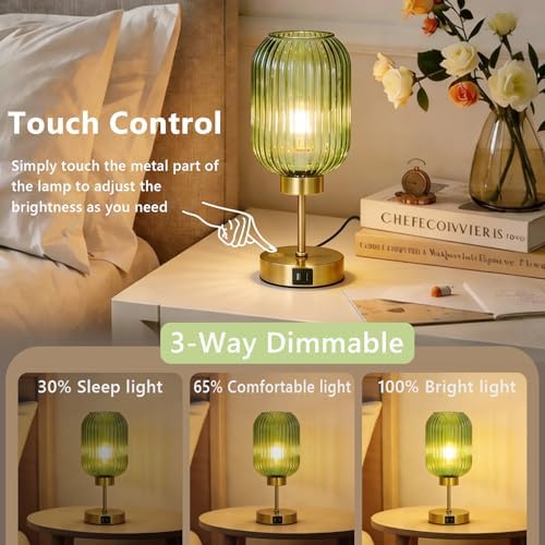 LAMSU Vintage Table Lamp for Bedroom with Bulb, Small Green Glass Beside Lamp with USB Ports, 3 Way Dimmable Gold Desk Lamp, Mid Century Modern Nightstand Lamp for Living Room, Office, Home Decor - Image 2