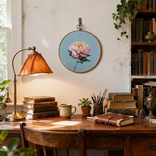 OFJE Rustic Pink Peony Floral Wall Art Decor, Elegant Pink Peony Round Wall Hanging Decor, Cottagecore Flower Framed Canvas Prints for Home Bedroom Living Room Decorations, 10x10 Inch - Image 3