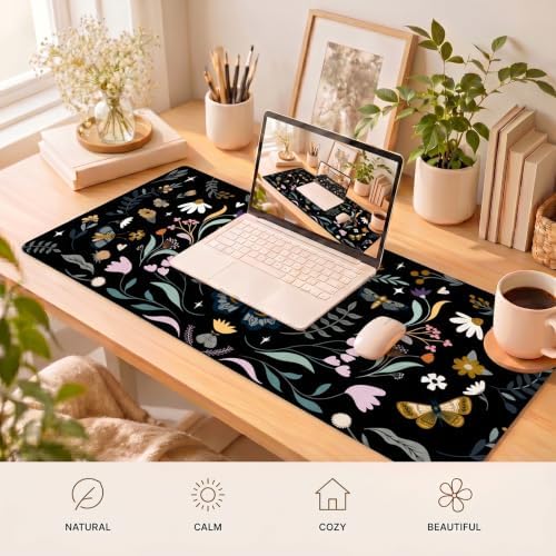 Botanical Insect Desk Mat, Vintage XXL Black Mouse Pad 35.4x15.7in - Image 6