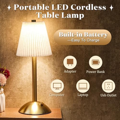 Liliful 2 Pcs Cordless Table Lamp LED Touch, Gold, Linen Fabric - Image 3