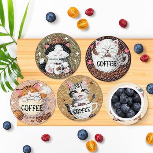 Clendo 8 PCS Diamond Art Coasters - Cat Coffee Diamond Painting Coasters Kits with Holder Cork Pads DIY for Beginners, Adults, Diamonds Art Crafts Supplies - Image 6