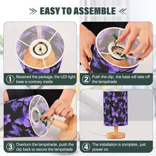 Mysterious Purple Butterflies Silhouette Bedside Table Lamps with USB Port for Bedroom Lamp Accent Table Lamp Small Nightstand Lamp Sturdy Linen Shade Wooden Base Decorative Lamps for Home|Kids|Dome - Image 6