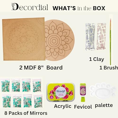 Decordial Lipan art materials kit with 8 inch round MDF DIY kit (1 x lippan art clay, 2 x lippan art board, 4 set of lippan art mirror (200 pieces), 2 x lippan art painting brush and acrylic colour - Image 3