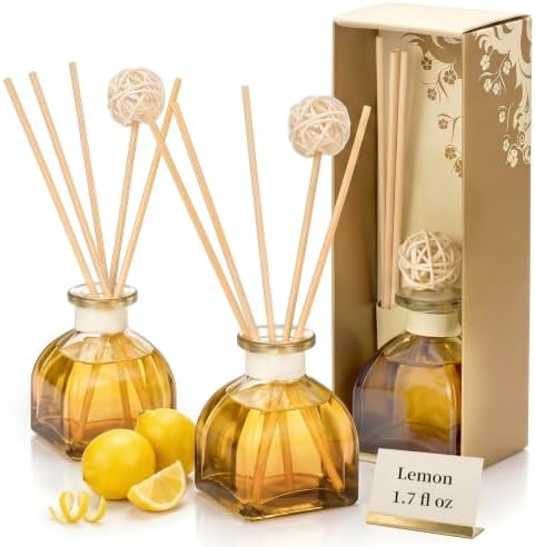Lemon Reed Diffuser Set, 2 Pack 1.7 fl oz Glass Bottles, 5 Rattan Sticks & Rattan Ball, Plant-Based Non-Toxic Essential Oil, Zesty Long-Lasting Home Fragrance for Kitchen Bathroom by WOHSEROM