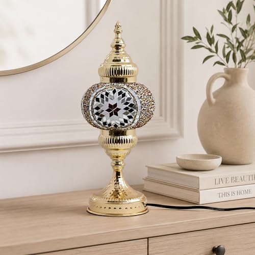 GOGERS Turkish Mosaic Table Lamp, Amber Glass Bedside Lamp with Gold Metal Base, E12 LED Bulb Included, Warm Ambient Decorative Lamp for Bedroom, Living Room, Nightstand, Home Decor Gift (Brown) - Image 5