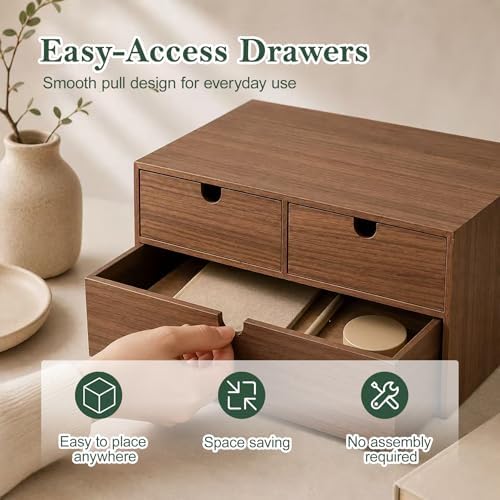 2-Tier Wooden Desk Organizer with 3 Drawers, Walnut Finish - Image 3