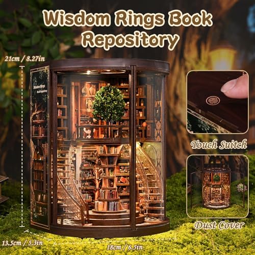 Premium Book Nook Kit, Tree Ring Nature Library Wooden Bookend with LED Lights, Detailed Forest Style 3D Diorama, Minimalist Literary Home Decor, Aesthetic Collectible Craft Gift for Adults Teens 14+ - Image 3