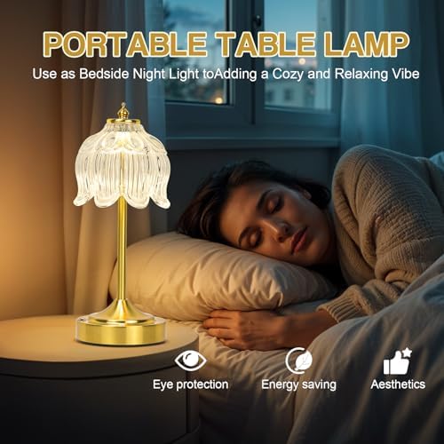 Cordless Table Lamp, Rechargeable Clear Glass Lotus Flower Lamp - Image 6