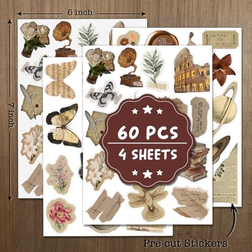 Vintage Stickers for Scrapbooking and Journaling - 60 Pcs Aesthetic Junk Journal Supplies Kit, Waterproof Retro Sticker Pack for Adults, Decorative Ephemera for Planners, Laptops & Water Bottles - Image 3