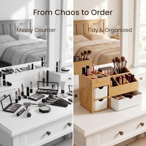 Bamboo Makeup Organizer with 3 Drawers & Adjustable Dividers, Desk Cosmetic Storage Box, Vanity Countertop Organizer for Bathroom, Office, Bedroom, Natural Bamboo Color (11.5x5.4in) - Image 6