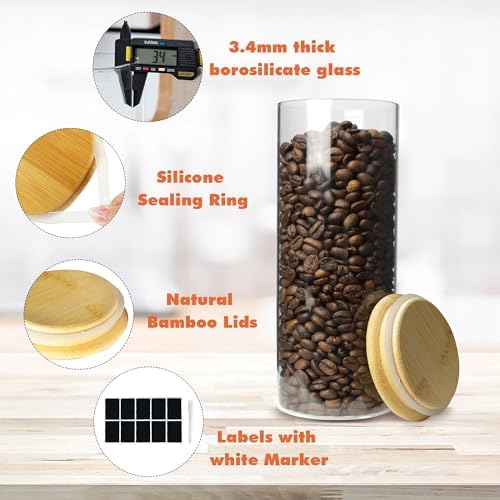 Glass Storage Containers with Airtight Bamboo Lids,Round Glass Jars Pantry Organizers,Perfect for Kitchen Organization - Flour, Rice, Pasta, Sugar, Coffee Beans, Accessories Included (43oz*6) - Image 4