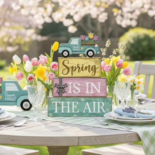 Moucuny 4 Pcs Spring Wooden Block Signs Farmhouse Table Centerpiece - Image 4
