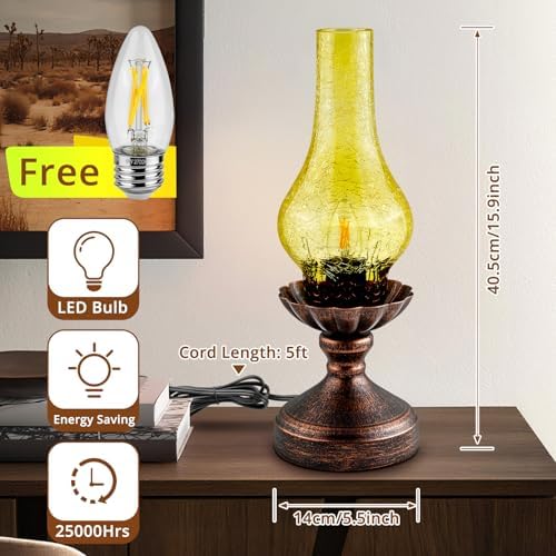 Vintage Table Lamp,Touch Control & 3-Way Dimmable Rustic Retro Farmhouse Bedside Lamp with Amber Glass Shade and LED Bulb for Bedroom, Living Room, Cabin, Office - Image 5