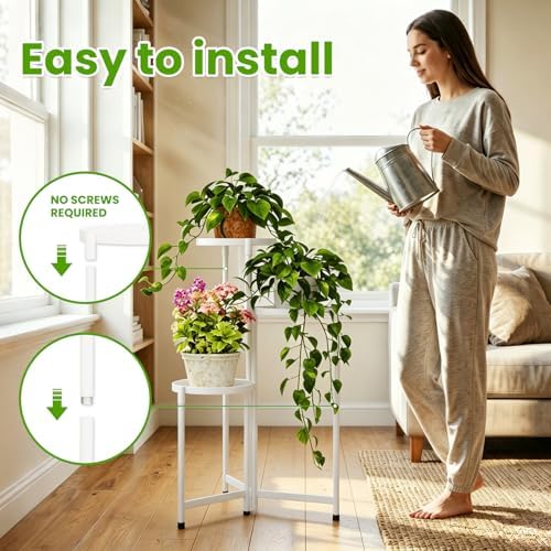 Plant Stand Indoor Outdoor, 3 Tier Metal Corner Shelf White 9 in Wide - Image 5