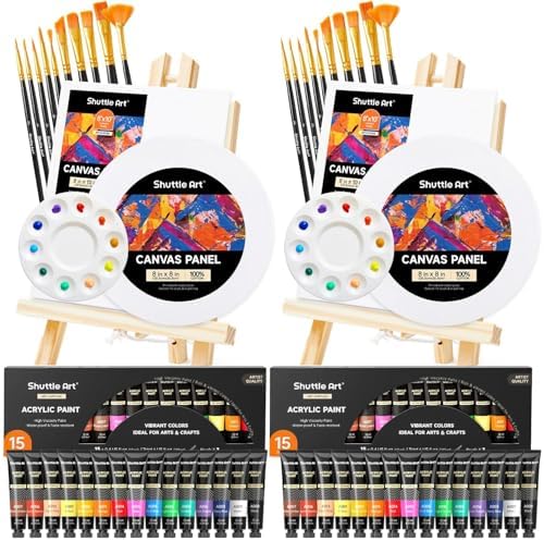 Shuttle Art 58 Pack Painting Kit for Adults and Couples, Sip and Paint Kit for Date Night and Crafts, with 2 Pack of 15 Colors Paint, 2 Wooden Easels, Canvas, Brushes & Palettes by ShuttleArt