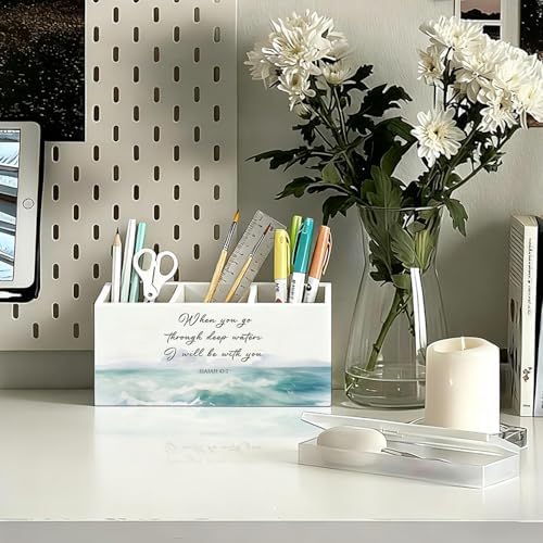 Christian Pen Holder, Christian Gifts for Women Pencil Holder for Desk, Beach Office Decor, Religious Bible Verse Coastal Ocean Wooden Box Sign Decorations for Home Office Desk Tabletop - Image 2