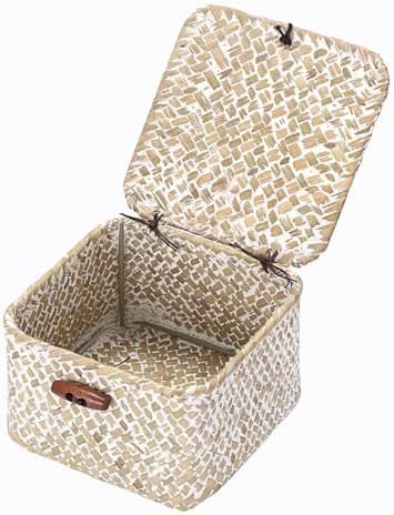 Hipiwe Handwoen Seagrass Basket with Lid Mini Woven Wicker Box,3.5"x3.5"x2" by Hipiwe