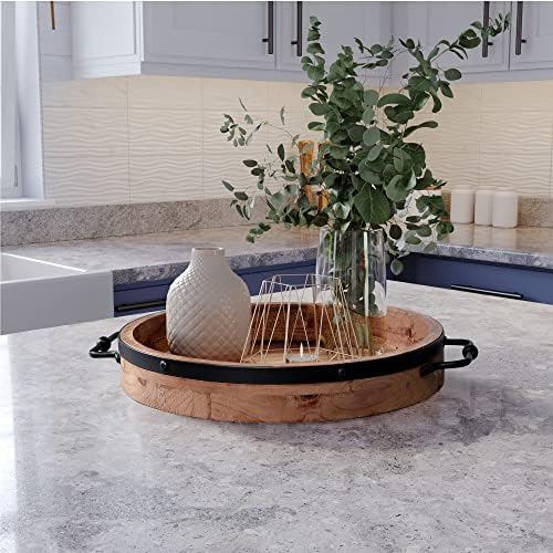 Round Coffee Table Tray|13'' Farmhouse Wood Serving Tray with Metal Handles - Image 4