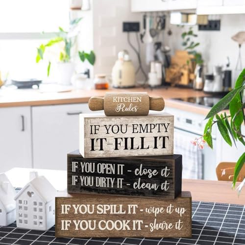 Moucuny 4 Pcs Farmhouse Tiered Tray Decor, Kitchen Rules Wooden Signs - Image 3