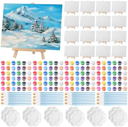 Qilery 24 Set 6 x 8 Inch Mini Canvas Boards and Easel for Painting, Acrylic Paint Strips, Palettes, Brushes, Canvases Painting Kits for Kids Adults Artists Beginners Oil Acrylic Painting Party Favors by Qilery