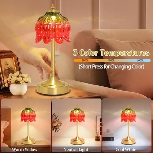 Cordless Table Lamp, Rechargeable Red Glass Flower Lamp - Image 3
