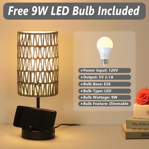 Touch Bedside Lamp For Bedroom with Bulb, Gray Boho Small Table Lamp For Living Room With Rattan & Linen Shade, 3 Way Dimmable Table Lamp For Nightstand With USB Charging Port & Phone Stand For Office - Image 6