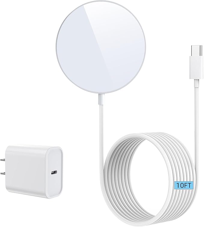 10FT Magnetic Wireless Charger Magnets Charging Pad with 20W USB C Wall Charger Block, for iPhone 17 16 15 14 13 12 Air Pro Max Plus mini/AirPods 2 3 Pro, Slim Portable Magnet Quick Charger-White