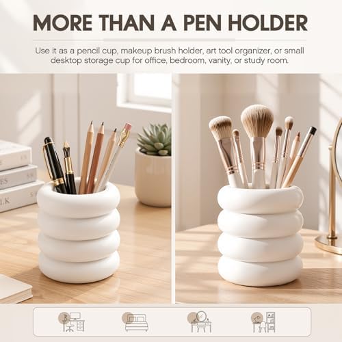 Aesthetic Desk Organizer Boho Pen Holder Modern Pencil Holder Beige Plastic Makeup Brush Organizer for Office Desk Accessories Stylish Home Office Art Decor Supplies(Wavy) - Image 4